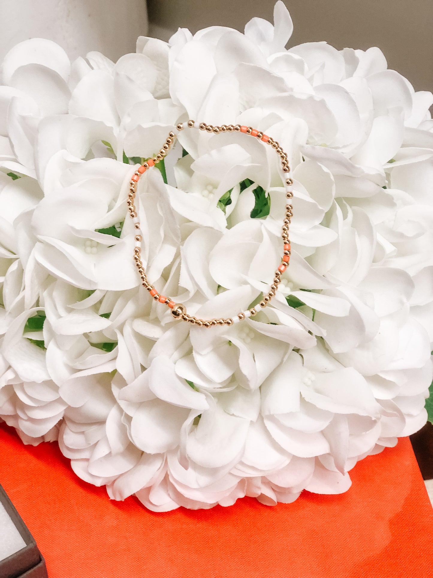 Orange & White Beaded Stretch Bracelet