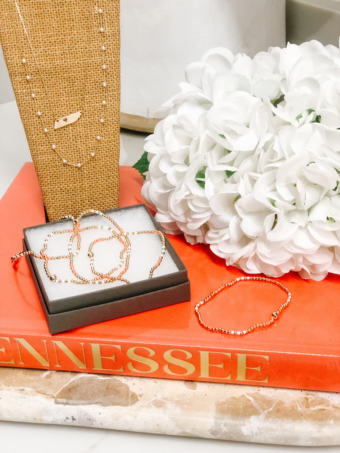 Orange & White Beaded Stretch Bracelet