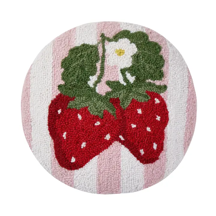 Pink Cabana Stripe Strawberry Round Pillow
