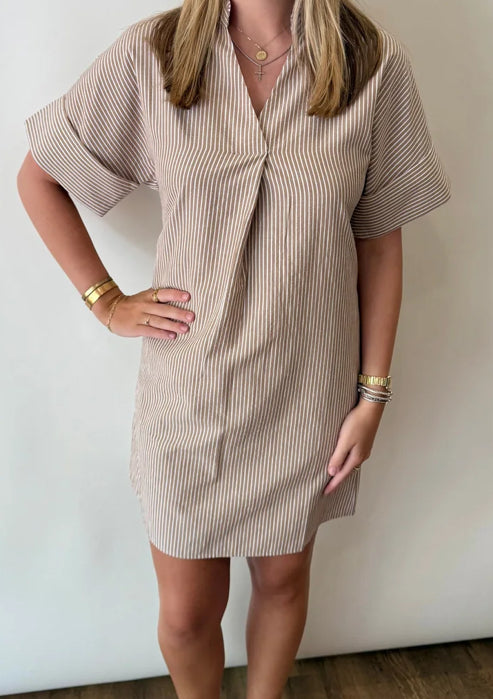 THML: Short Sleeve Striped Dress Taupe