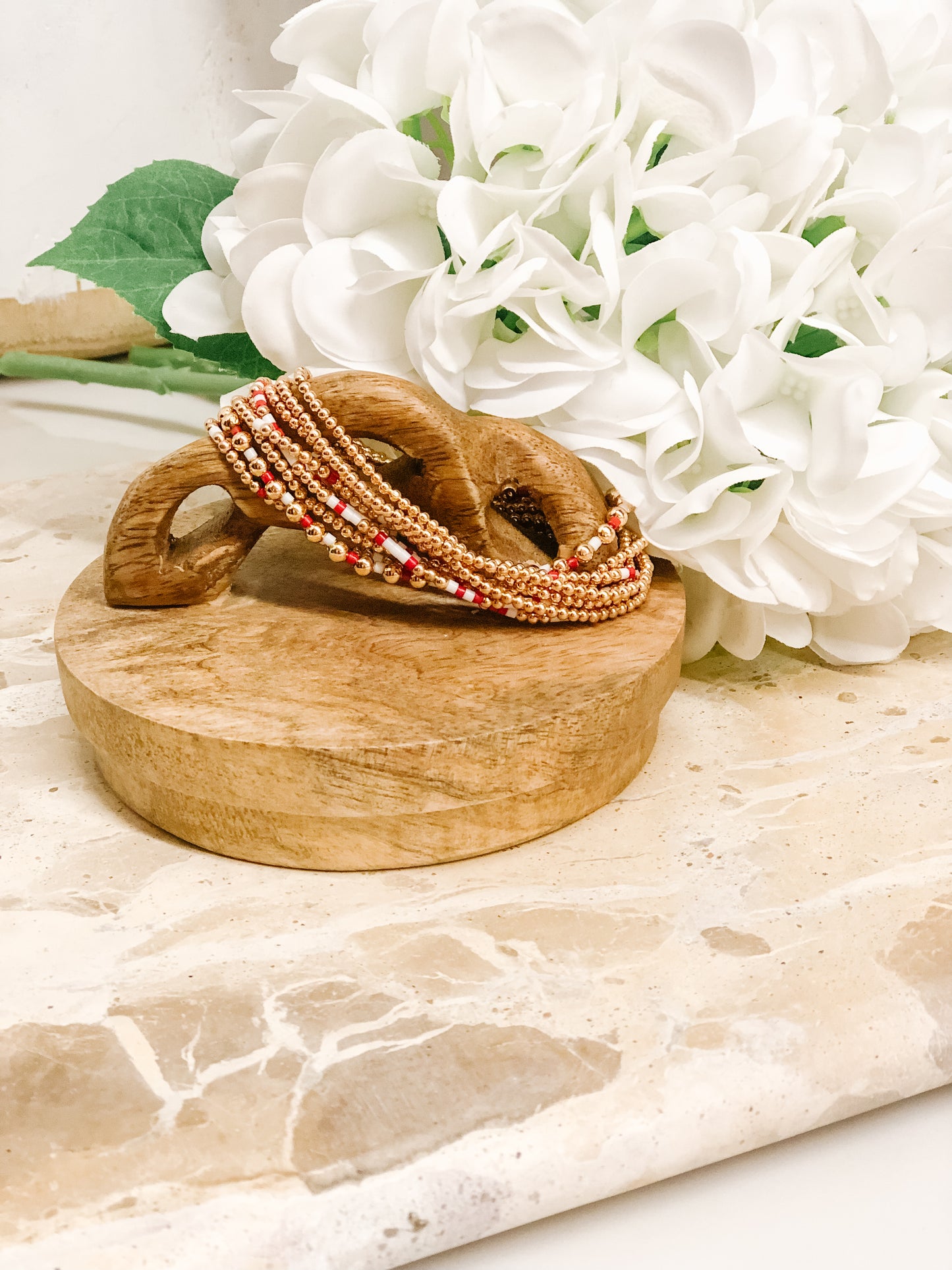 Set Of 9 Petite Rd, Wht, & Gold Bead Stretch Bracelets