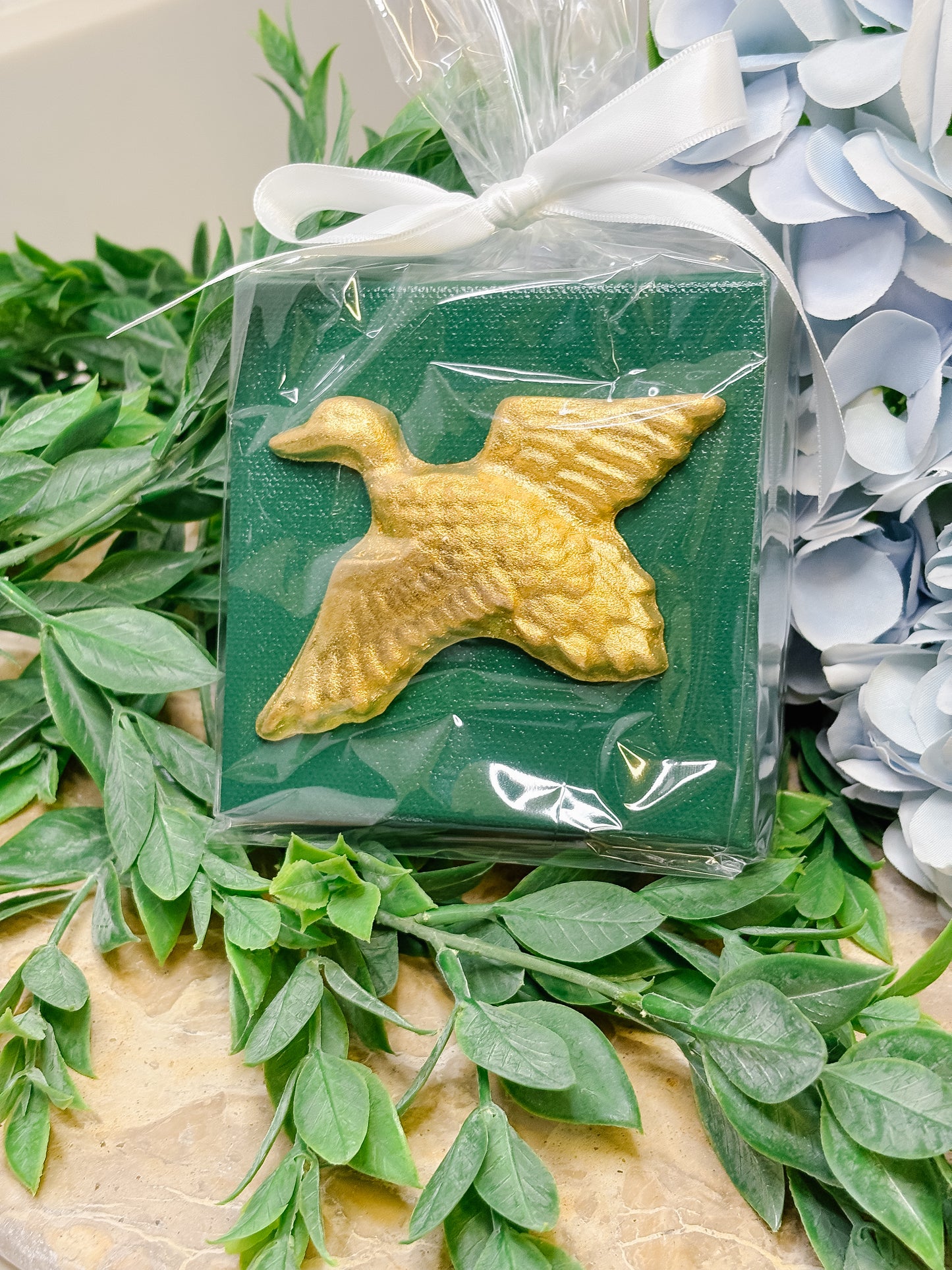 Gold Mallard on Green Canvas