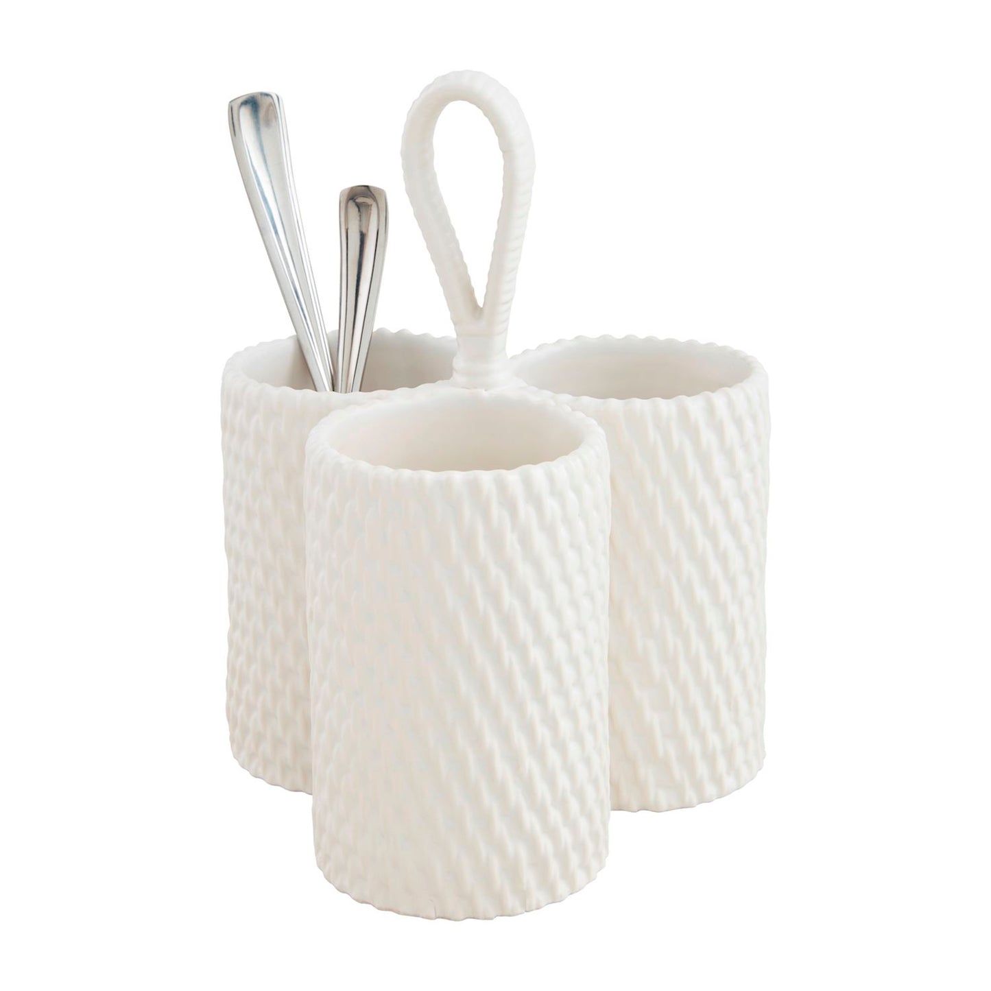 Textured Woven Stoneware Utensil Holder in White