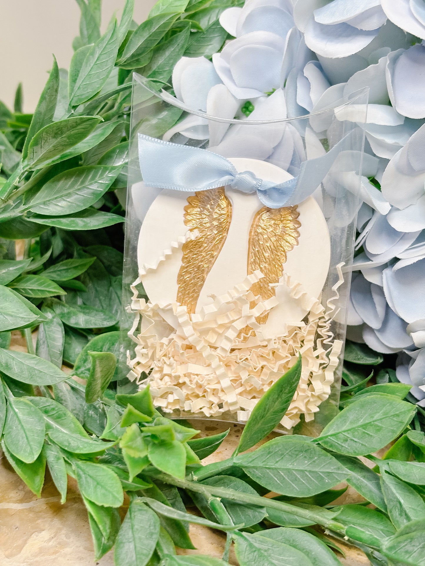 Round Angel Wings Ornament (Blue Ribbon)