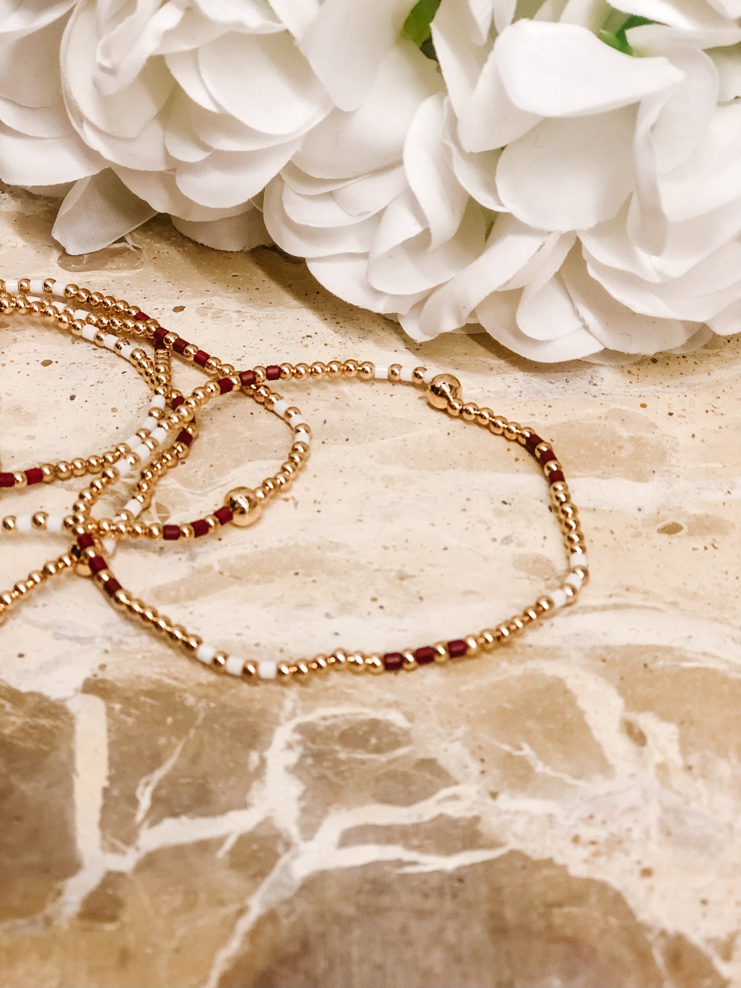 Maroon, White & Gold Beaded Bracelet