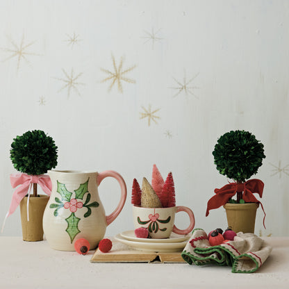 Dried Boxwood in Terracotta Pot Velvet Ribbon - Red