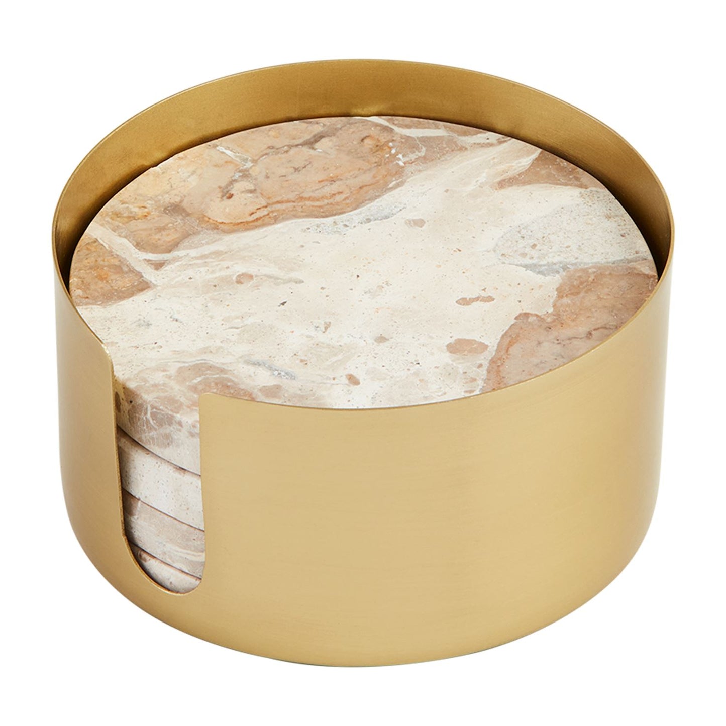 Tan Marble Coaster Set in Brass Holder