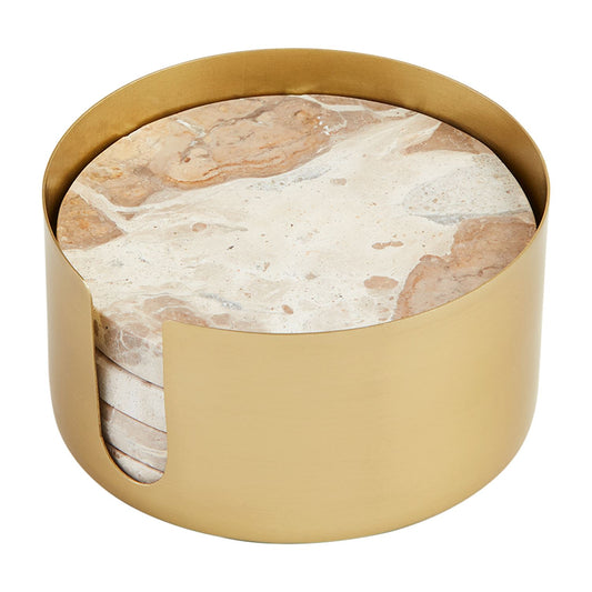 Tan Marble Coaster Set in Brass Holder