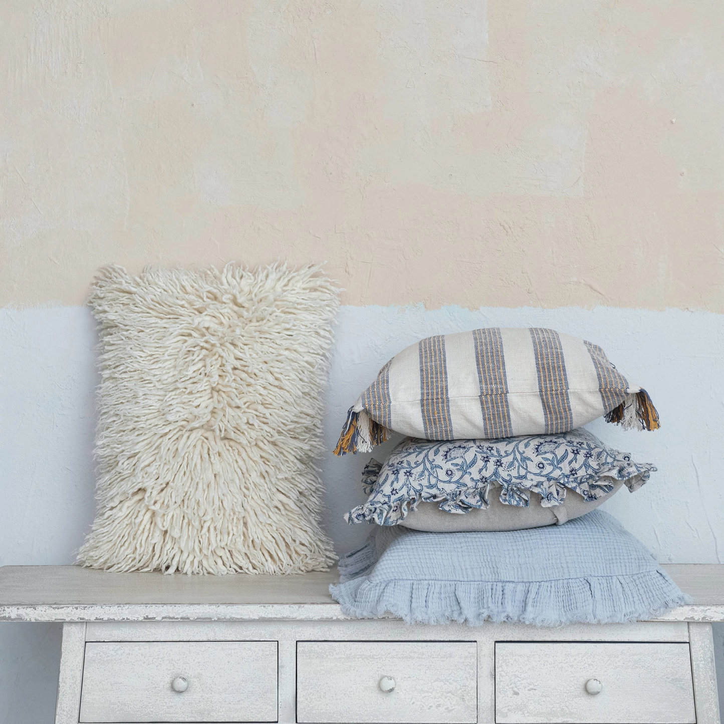 Ruffle Edge Light Blue Cotton Pillow