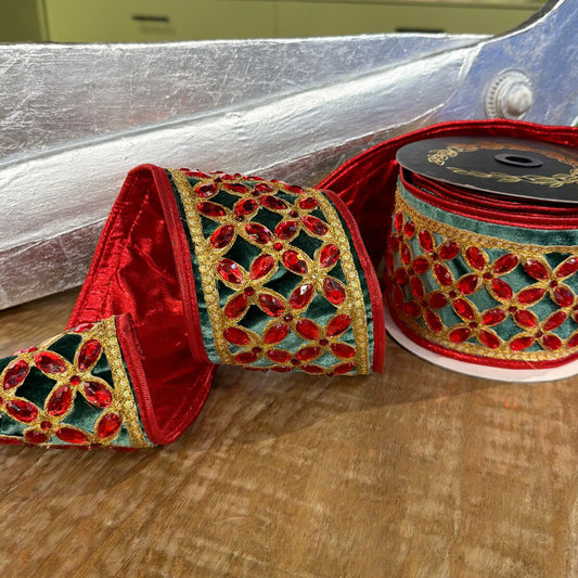 JME Green Velvet Ribbon w/ Floret Red Center 4x5yds