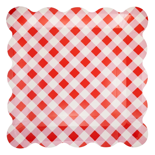 Cherry Red Gingham Scallop Dinner Plates 11x11 (8/pk)
