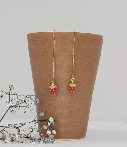 Strawberry Earring on Long Gold Dangle Chain