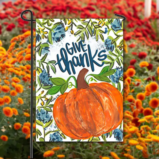 Blue Give Thanks Pumpkin Floral Garden Flag