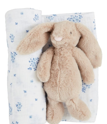 Blue Floral Swaddle & Rattle Set