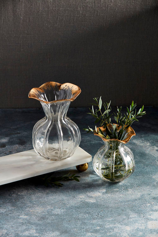 Large Gold Edged Ruffled Clear Glass Vase