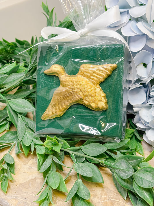 Gold Mallard on Green Canvas