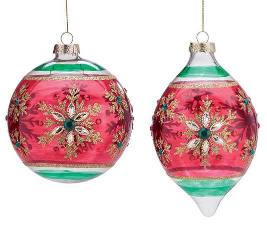 Glass Red & Green Snowflake Elongated Ornament