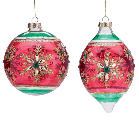 Glass Red & Green Snowflake Ornament Round