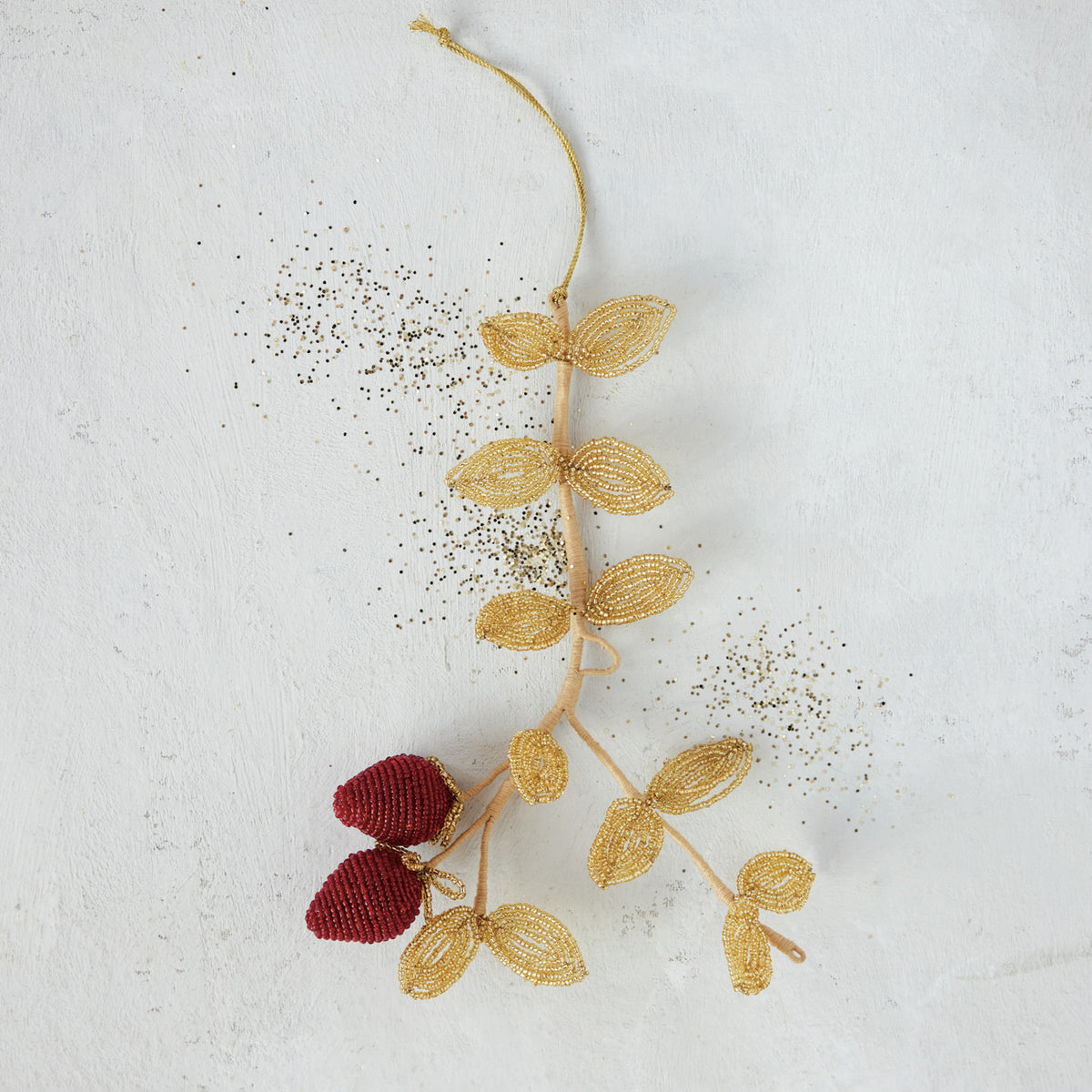 10" Strawberry Gold Leaves Beaded Ornament