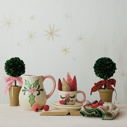Dried Boxwood in Terracotta Pot Velvet Ribbon - Pink